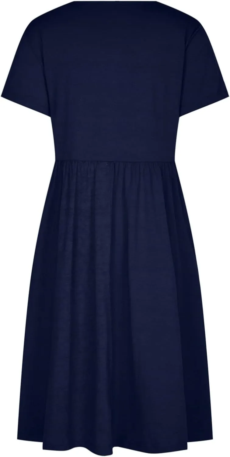 NaRHbrg Women's Midi Dress Casual Loose Fit Short Sleeve T-Shirt Dresses with Pockets Summer Flowy Beach Dress Soft Outfit