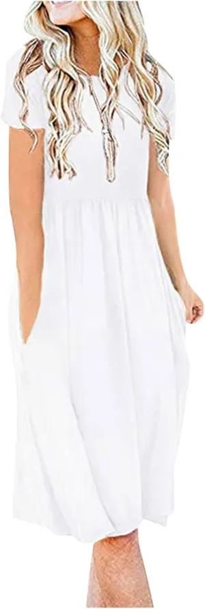 NaRHbrg Women's Midi Dress Casual Loose Fit Short Sleeve T-Shirt Dresses with Pockets Summer Flowy Beach Dress Soft Outfit