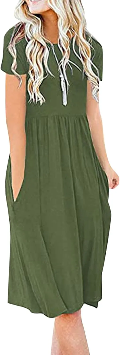 NaRHbrg Women's Midi Dress Casual Loose Fit Short Sleeve T-Shirt Dresses with Pockets Summer Flowy Beach Dress Soft Outfit