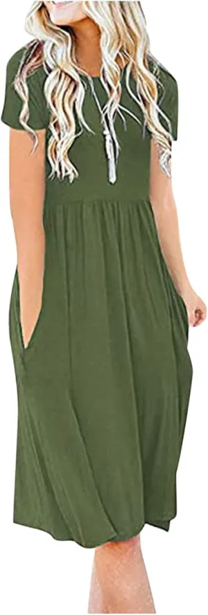 NaRHbrg Women's Midi Dress Casual Loose Fit Short Sleeve T-Shirt Dresses with Pockets Summer Flowy Beach Dress Soft Outfit