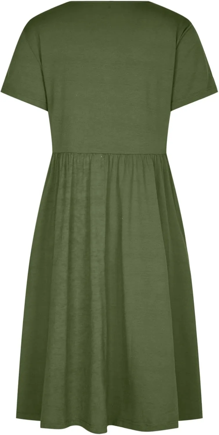 NaRHbrg Women's Midi Dress Casual Loose Fit Short Sleeve T-Shirt Dresses with Pockets Summer Flowy Beach Dress Soft Outfit