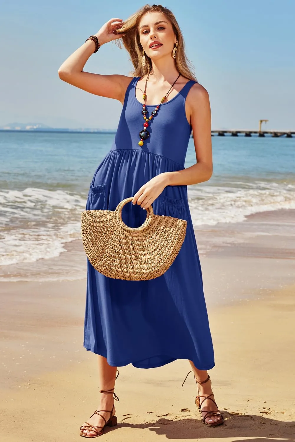 Newshows Women's 2024 Summer Sundresses Casual Beach Vacation Outfits Long Flowy Sleeveless Tank Maxi Dress with Pockets