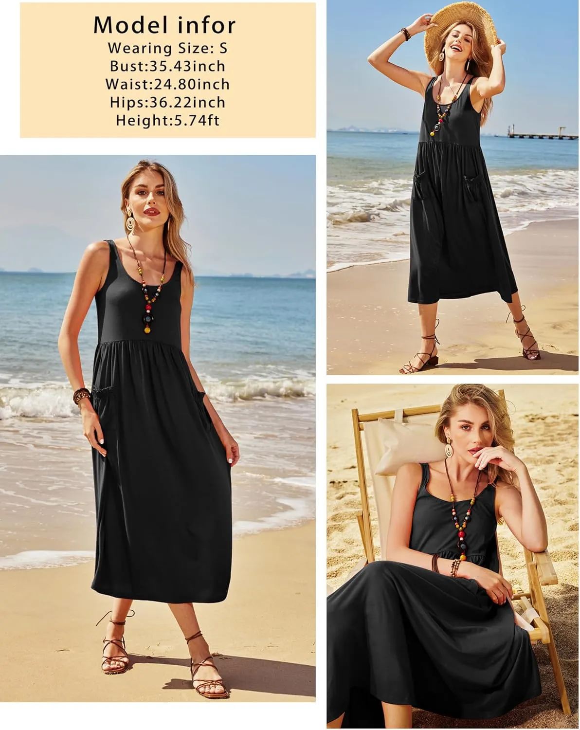 Newshows Women's 2024 Summer Sundresses Casual Beach Vacation Outfits Long Flowy Sleeveless Tank Maxi Dress with Pockets