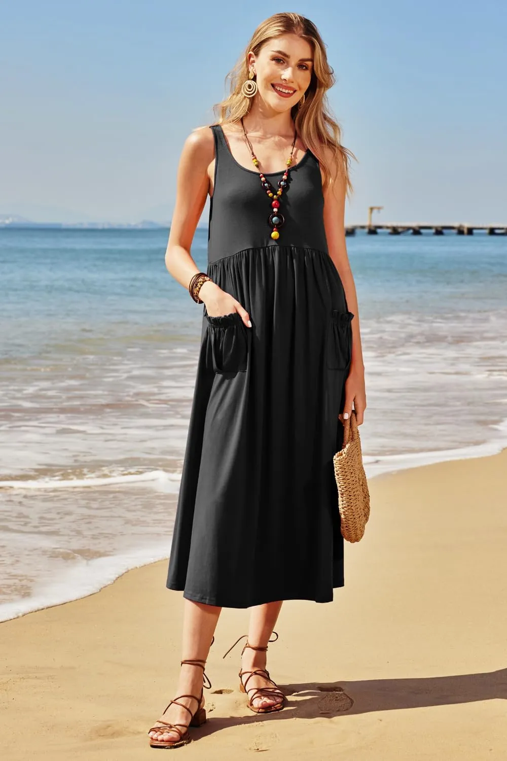 Newshows Women's 2024 Summer Sundresses Casual Beach Vacation Outfits Long Flowy Sleeveless Tank Maxi Dress with Pockets