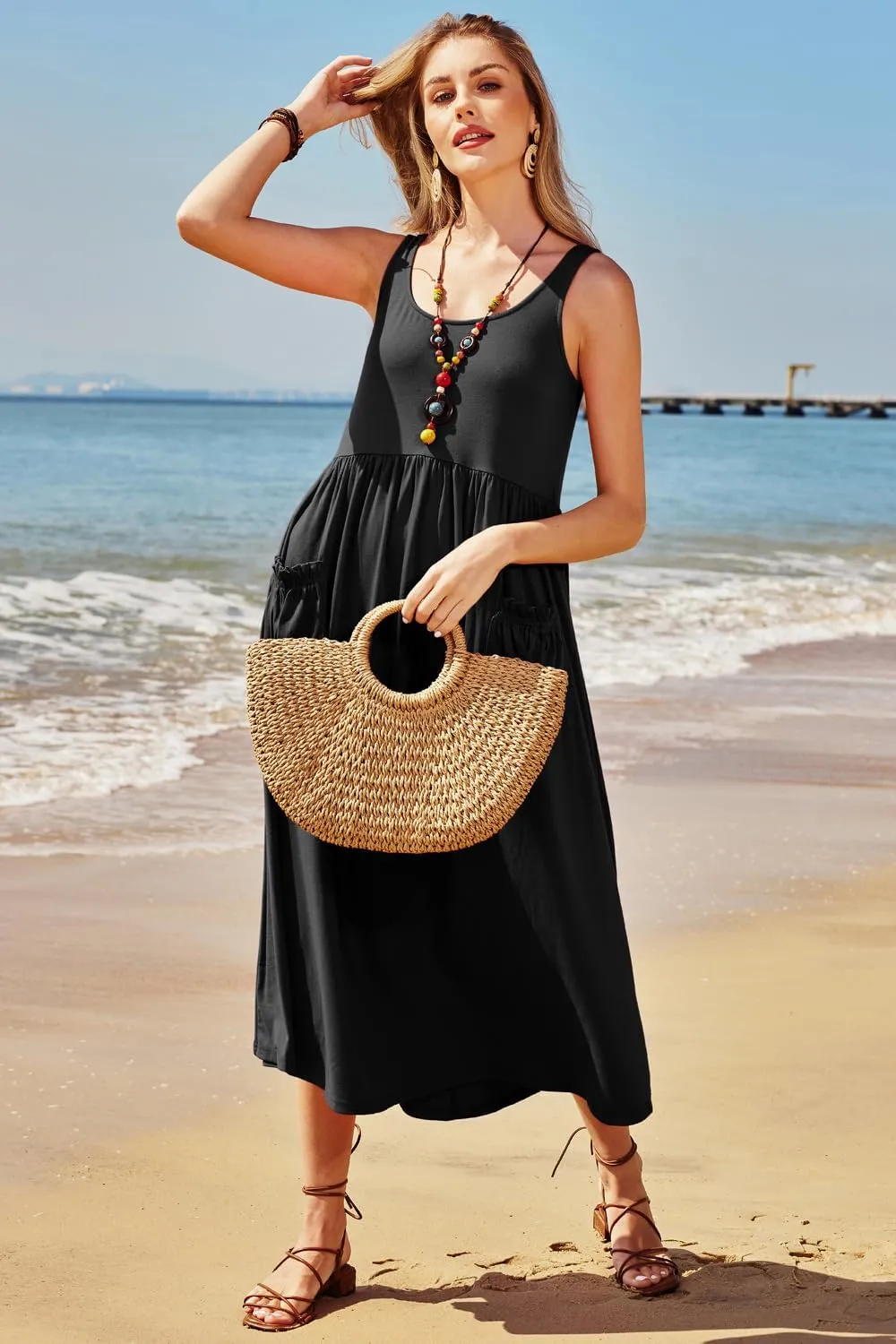 Newshows Women's 2024 Summer Sundresses Casual Beach Vacation Outfits Long Flowy Sleeveless Tank Maxi Dress with Pockets