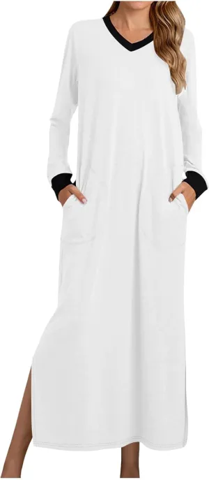 Night Dress for Women V Neck Long Sleeve Patchwork Side Slit Elegant Dresses Pullover Sleepwear Dress with Pockets