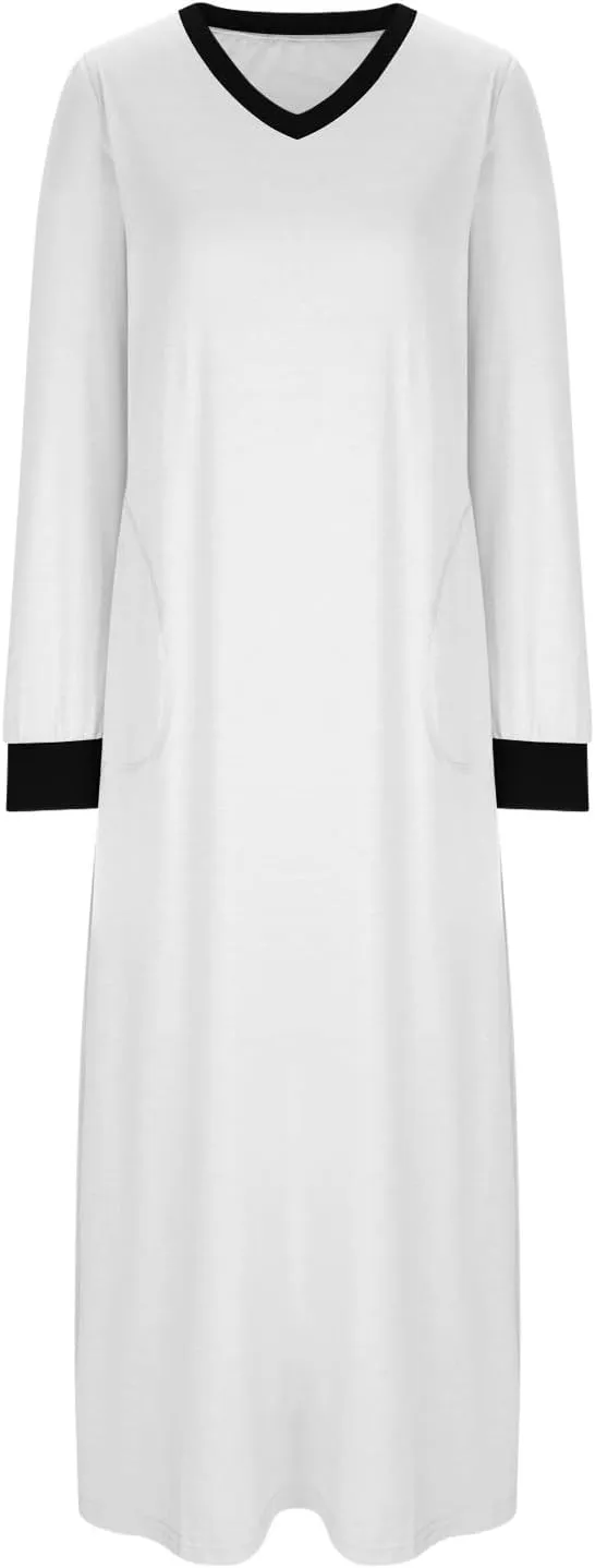 Night Dress for Women V Neck Long Sleeve Patchwork Side Slit Elegant Dresses Pullover Sleepwear Dress with Pockets