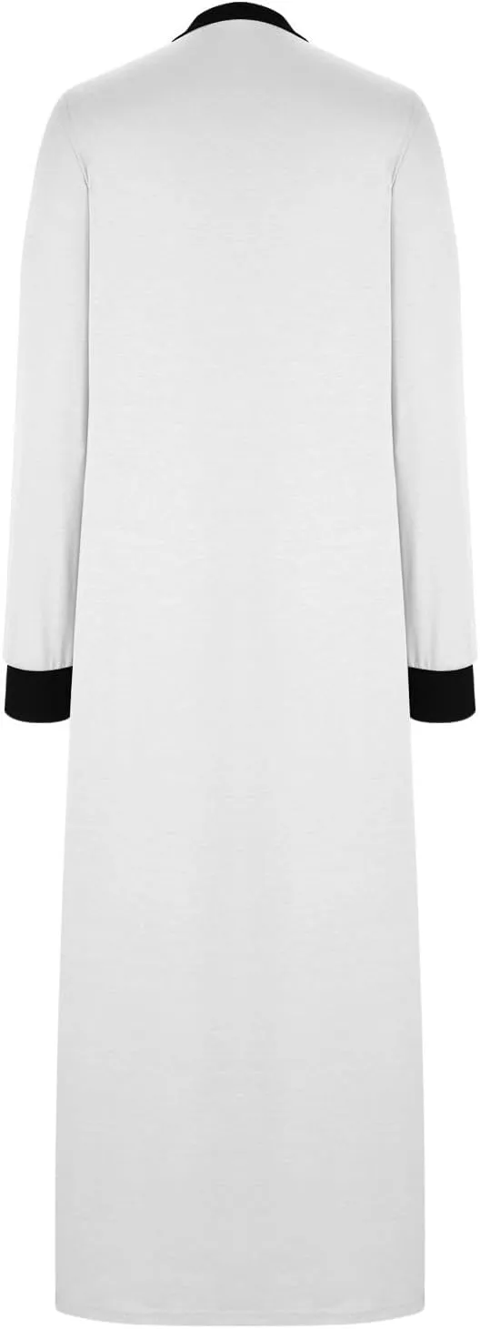 Night Dress for Women V Neck Long Sleeve Patchwork Side Slit Elegant Dresses Pullover Sleepwear Dress with Pockets