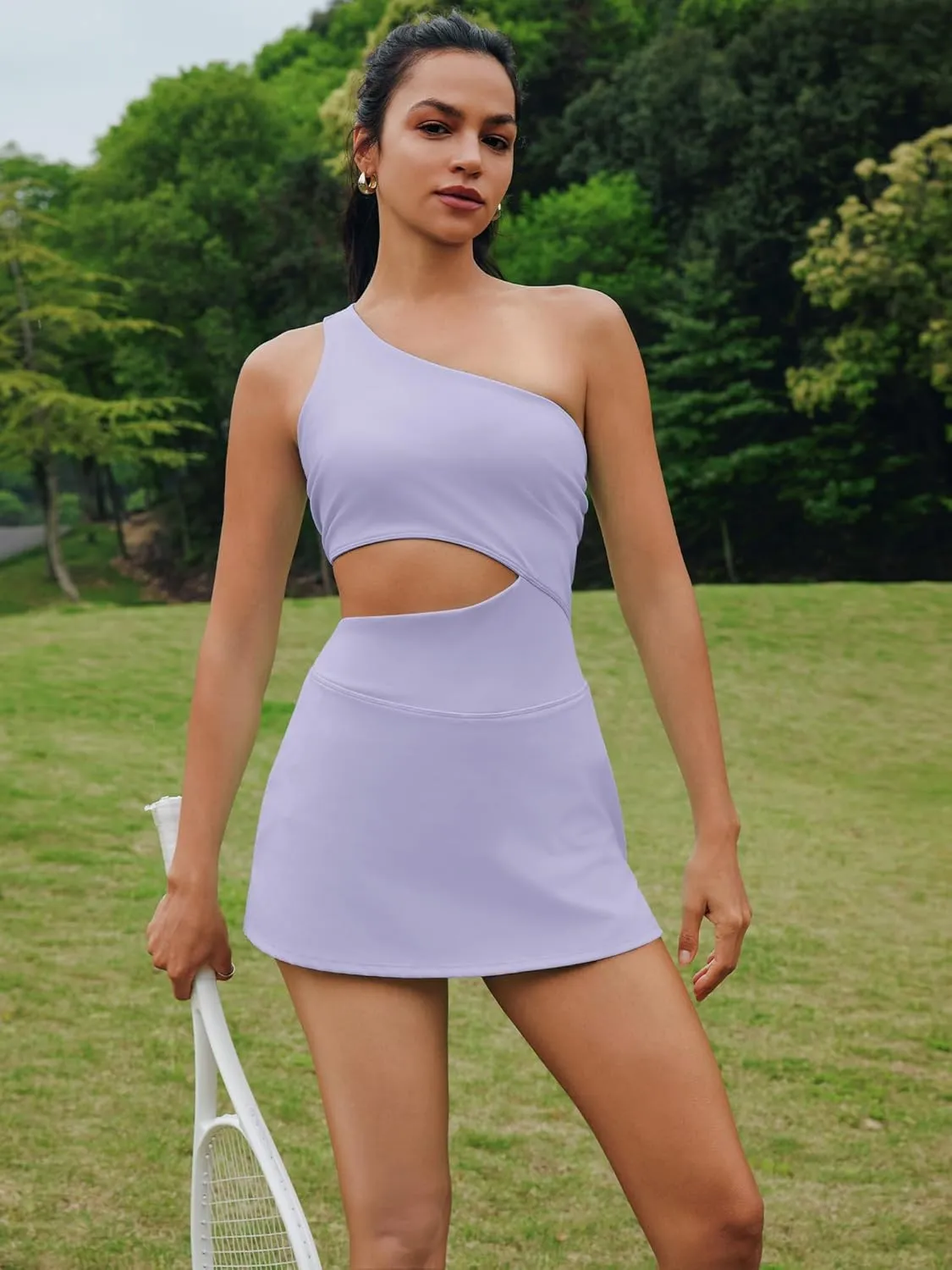 Nirovien Womens Sleeveless Workout Romper Dress with Shorts One Shoulder Skortsie Golf Athletic Tennis Dresses