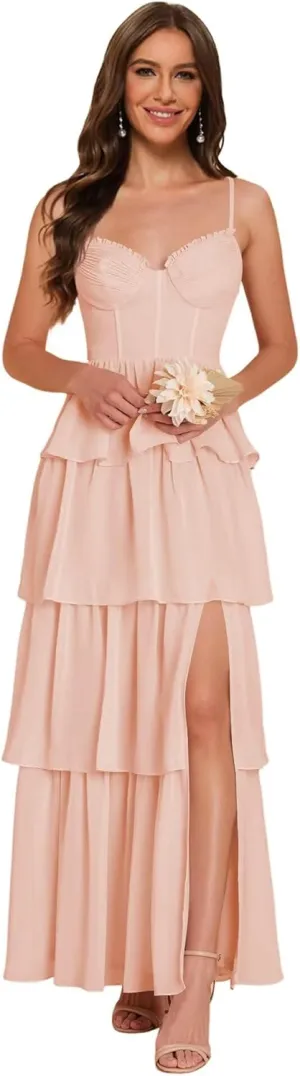 Noras dress Women's Adjustable Spaghetti Straps Bridesmaid Dresses for Wedding V Tiered Split Formal Evening Gown NO285