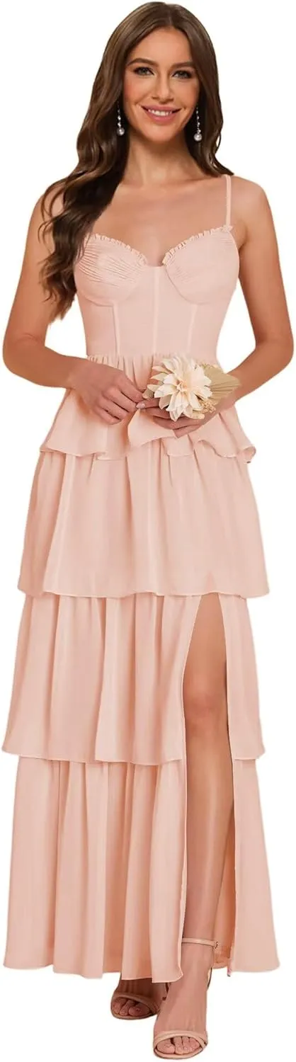 Noras dress Women's Adjustable Spaghetti Straps Bridesmaid Dresses for Wedding V Tiered Split Formal Evening Gown NO285