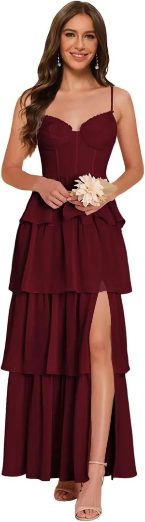 Noras dress Women's Adjustable Spaghetti Straps Bridesmaid Dresses for Wedding V Tiered Split Formal Evening Gown NO285