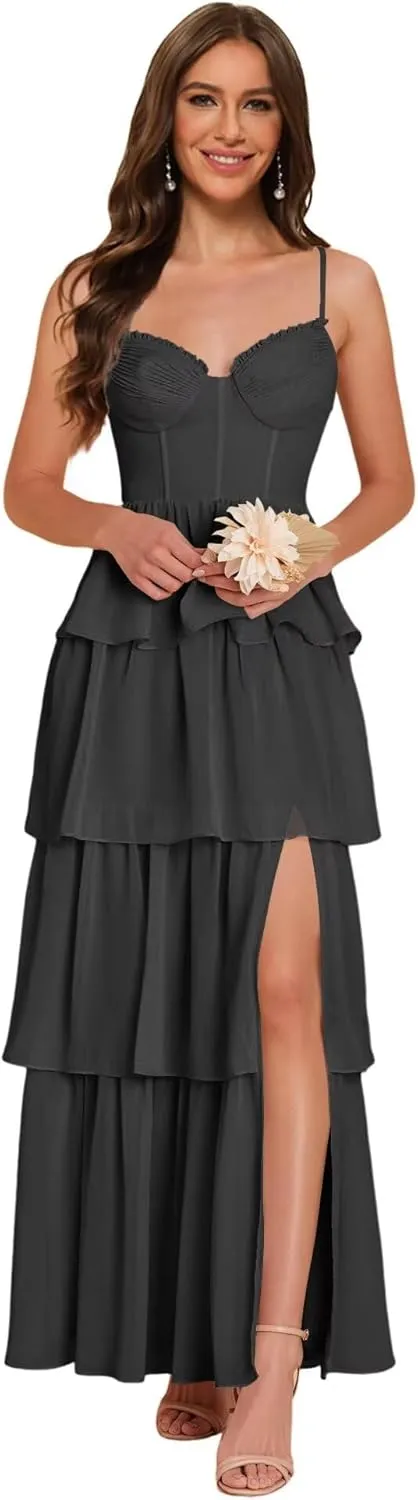 Noras dress Women's Adjustable Spaghetti Straps Bridesmaid Dresses for Wedding V Tiered Split Formal Evening Gown NO285