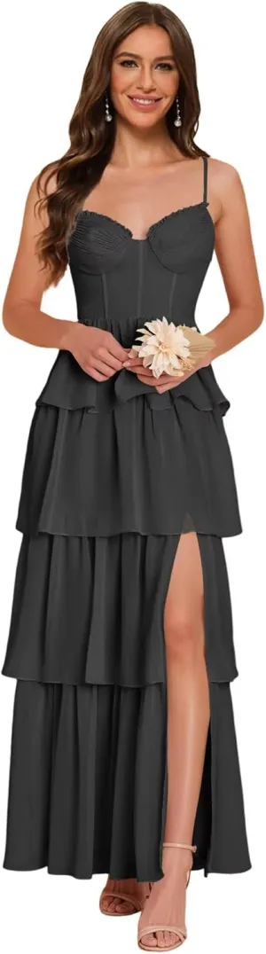 Noras dress Women's Adjustable Spaghetti Straps Bridesmaid Dresses for Wedding V Tiered Split Formal Evening Gown NO285