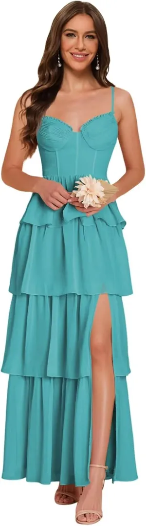 Noras dress Women's Adjustable Spaghetti Straps Bridesmaid Dresses for Wedding V Tiered Split Formal Evening Gown NO285