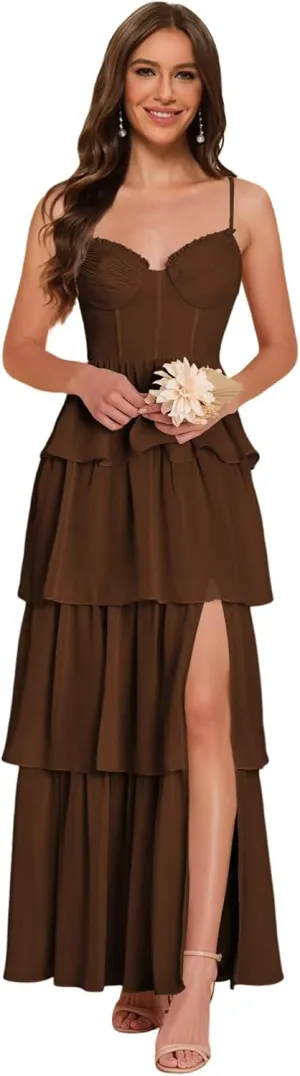 Noras dress Women's Adjustable Spaghetti Straps Bridesmaid Dresses for Wedding V Tiered Split Formal Evening Gown NO285