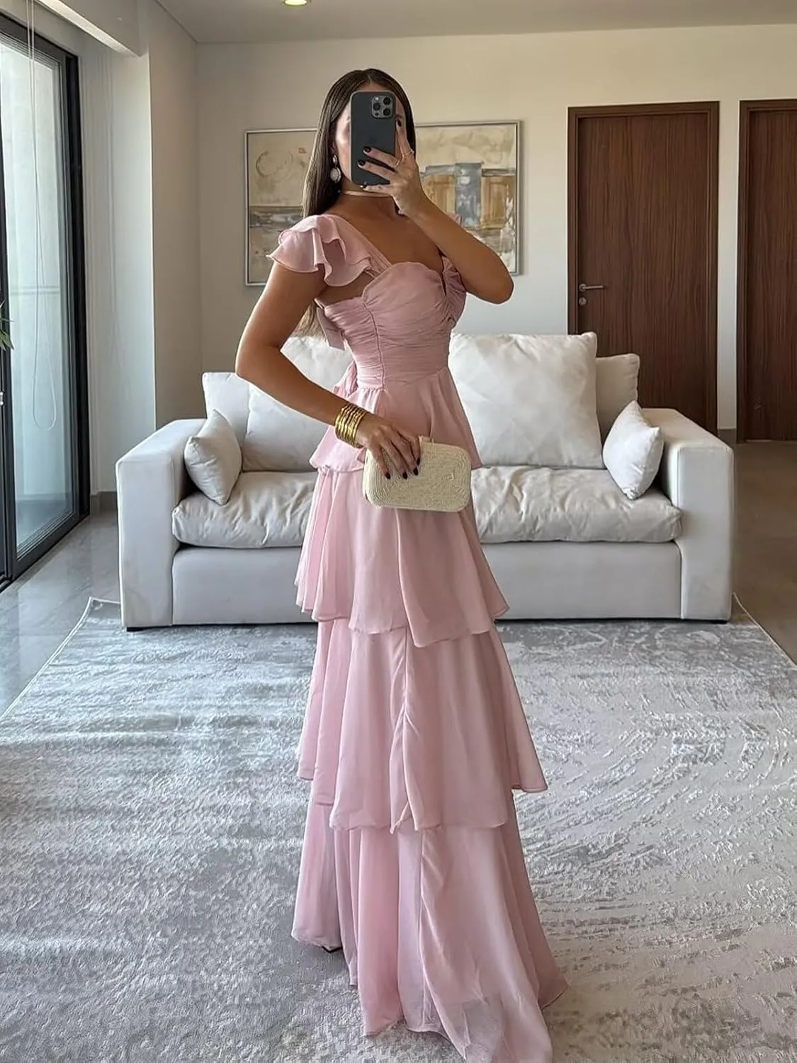 OFEYCHUN Ruffle Tiered Bridesmaid Dress Chiffon Long Prom Dresses 2025 Off The Shoulder Formal Dress