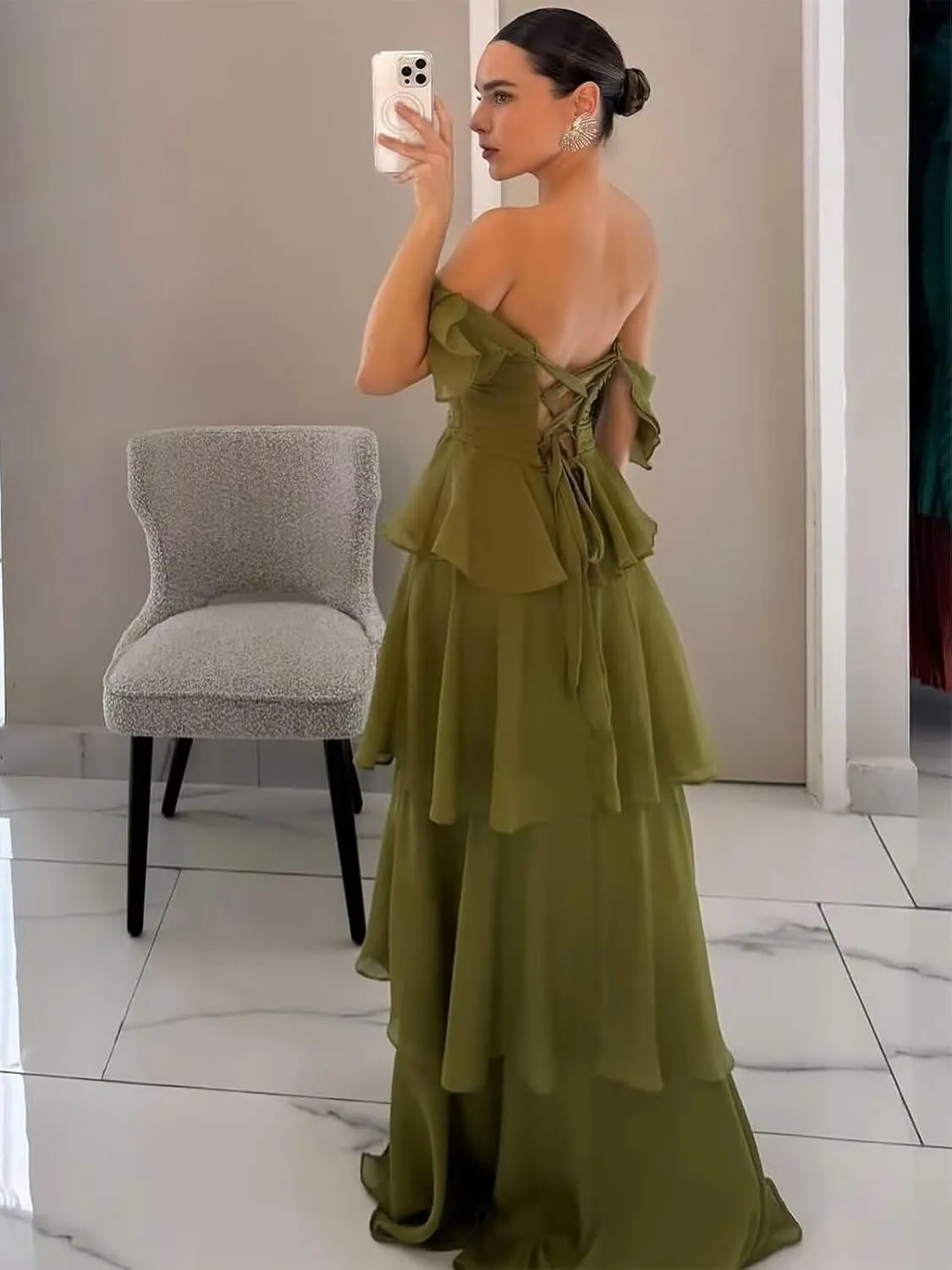 OFEYCHUN Ruffle Tiered Bridesmaid Dress Chiffon Long Prom Dresses 2025 Off The Shoulder Formal Dress