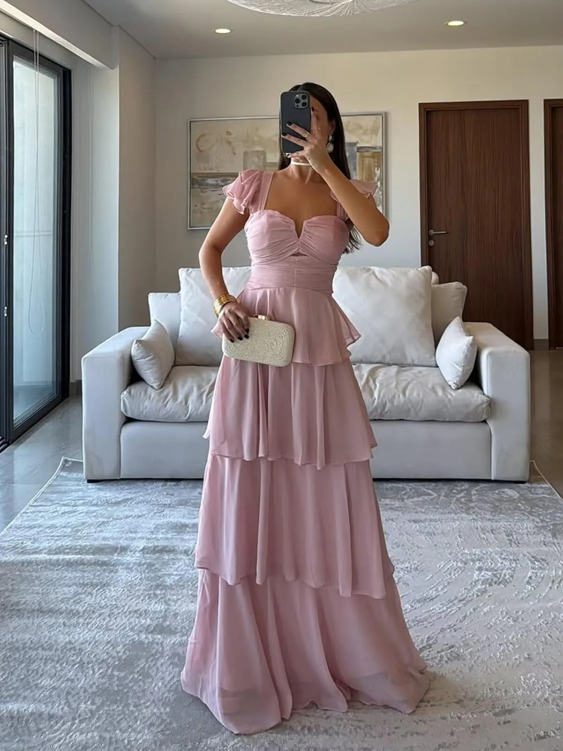 OFEYCHUN Ruffle Tiered Bridesmaid Dress Chiffon Long Prom Dresses 2025 Off The Shoulder Formal Dress