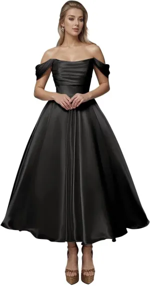 Off Shoulder Satin Wedding Dresses for Bride Tea Length A Line Prom Dresses Pleated Modest Cocktail Party Gown