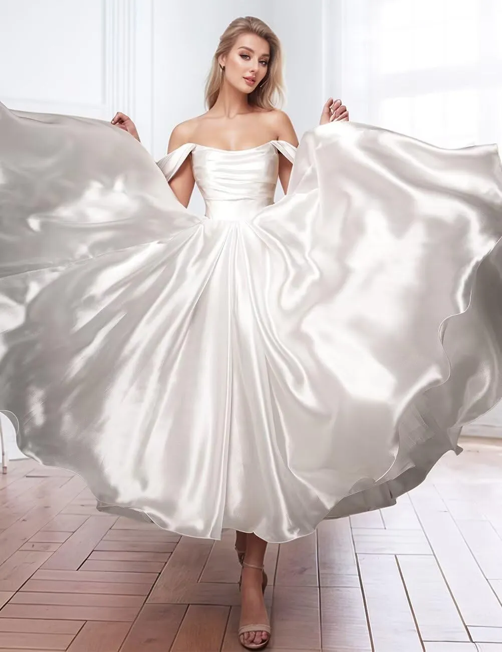 Off Shoulder Satin Wedding Dresses for Bride Tea Length A Line Prom Dresses Pleated Modest Cocktail Party Gown