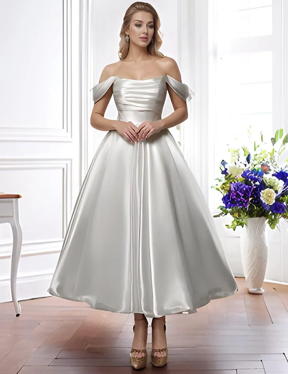 Off Shoulder Satin Wedding Dresses for Bride Tea Length A Line Prom Dresses Pleated Modest Cocktail Party Gown