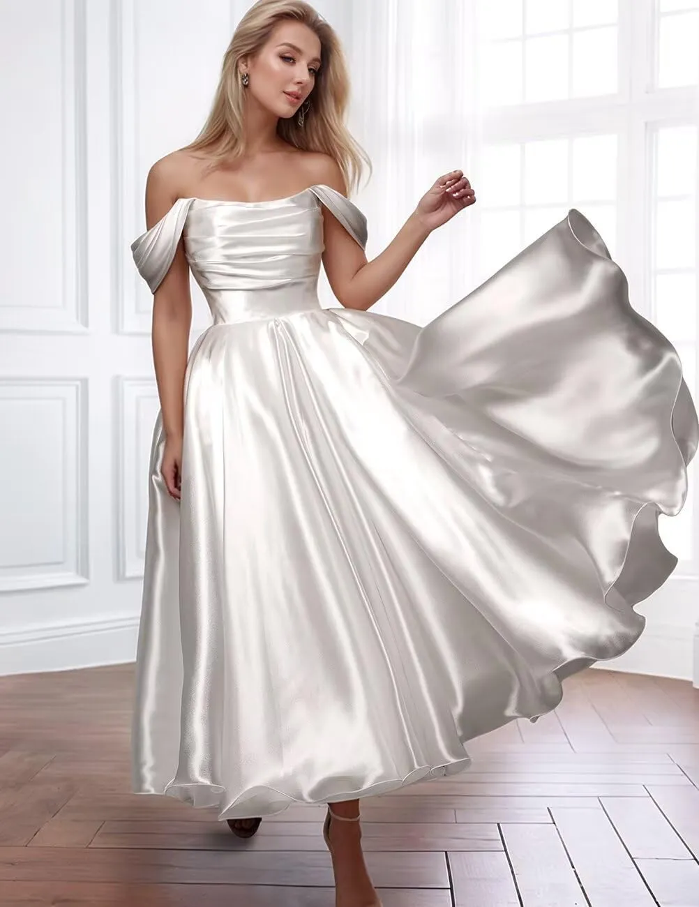 Off Shoulder Satin Wedding Dresses for Bride Tea Length A Line Prom Dresses Pleated Modest Cocktail Party Gown