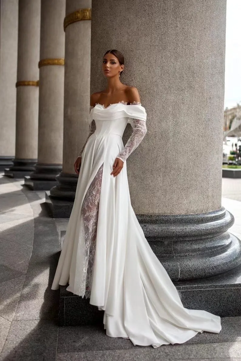 Off Shoulder Satin Wedding Dresses Long Sleeve Lace Prom Dresses Evening Party Bridal Gown for Bride Women