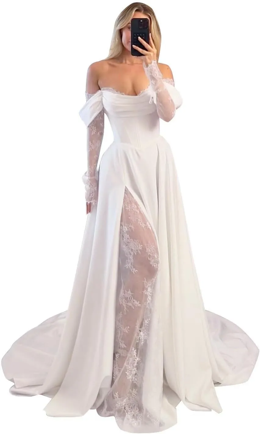 Off Shoulder Satin Wedding Dresses Long Sleeve Lace Prom Dresses Evening Party Bridal Gown for Bride Women