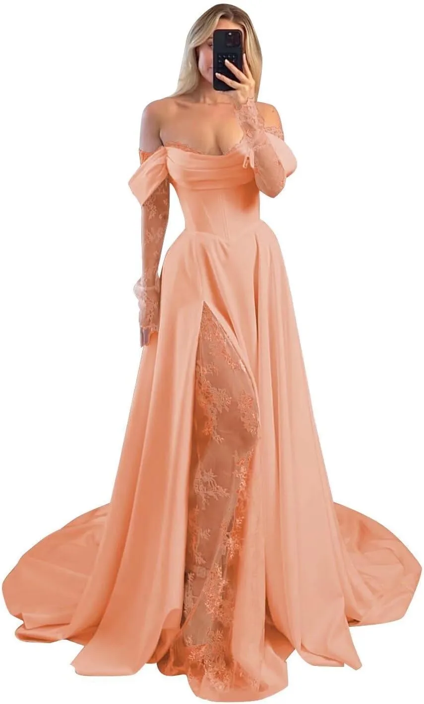 Off Shoulder Satin Wedding Dresses Long Sleeve Lace Prom Dresses Evening Party Bridal Gown for Bride Women