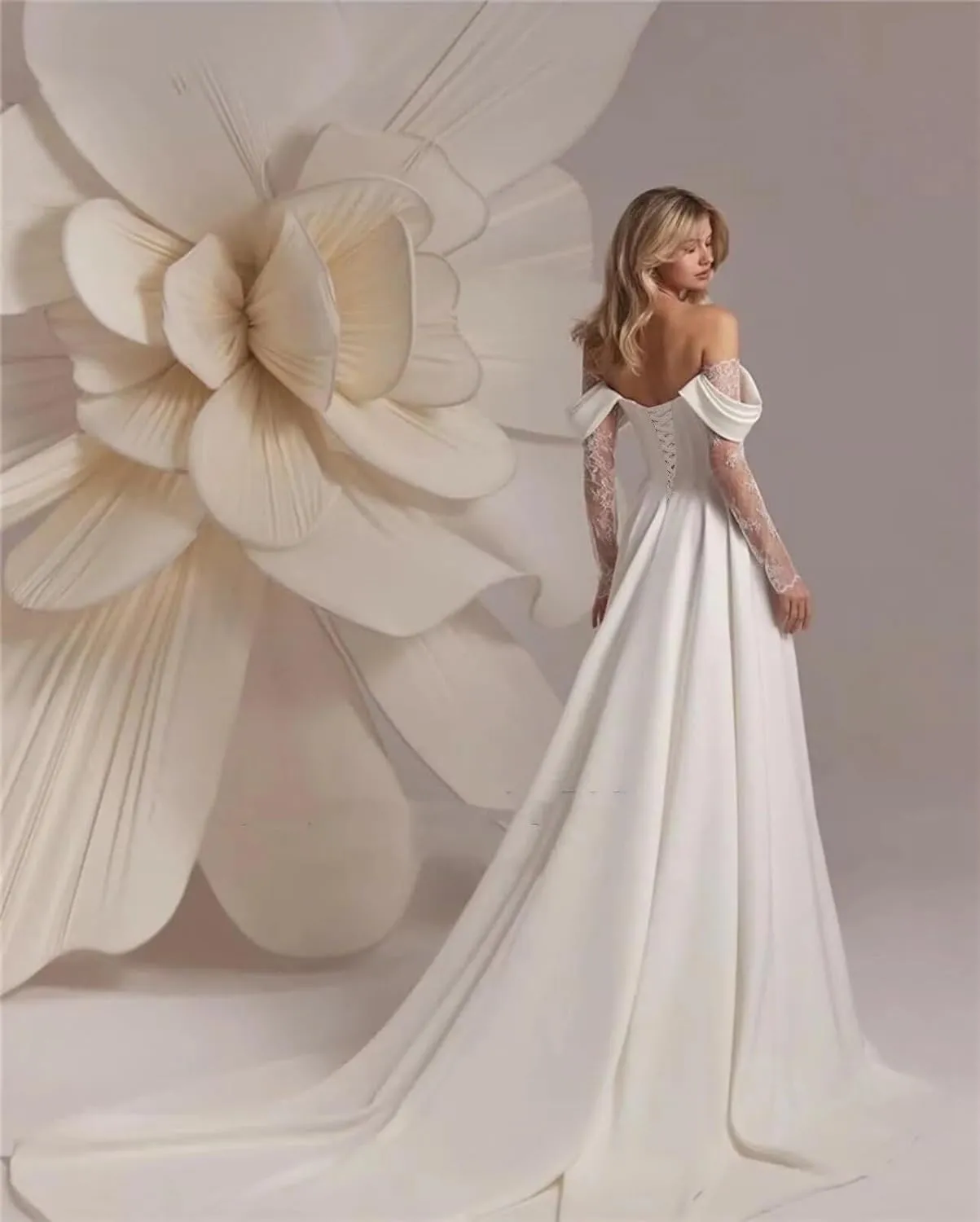 Off Shoulder Satin Wedding Dresses Long Sleeve Lace Prom Dresses Evening Party Bridal Gown for Bride Women