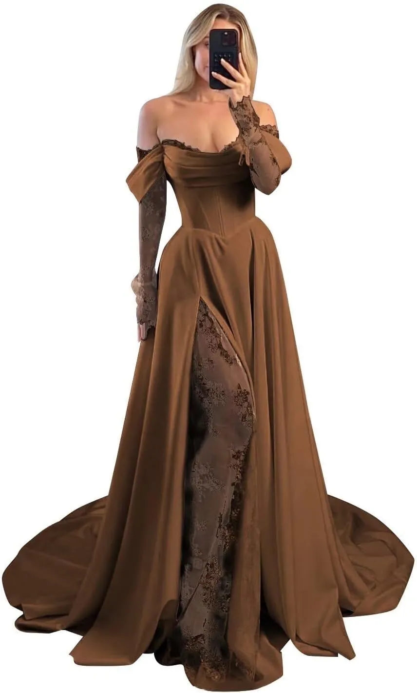 Off Shoulder Satin Wedding Dresses Long Sleeve Lace Prom Dresses Evening Party Bridal Gown for Bride Women