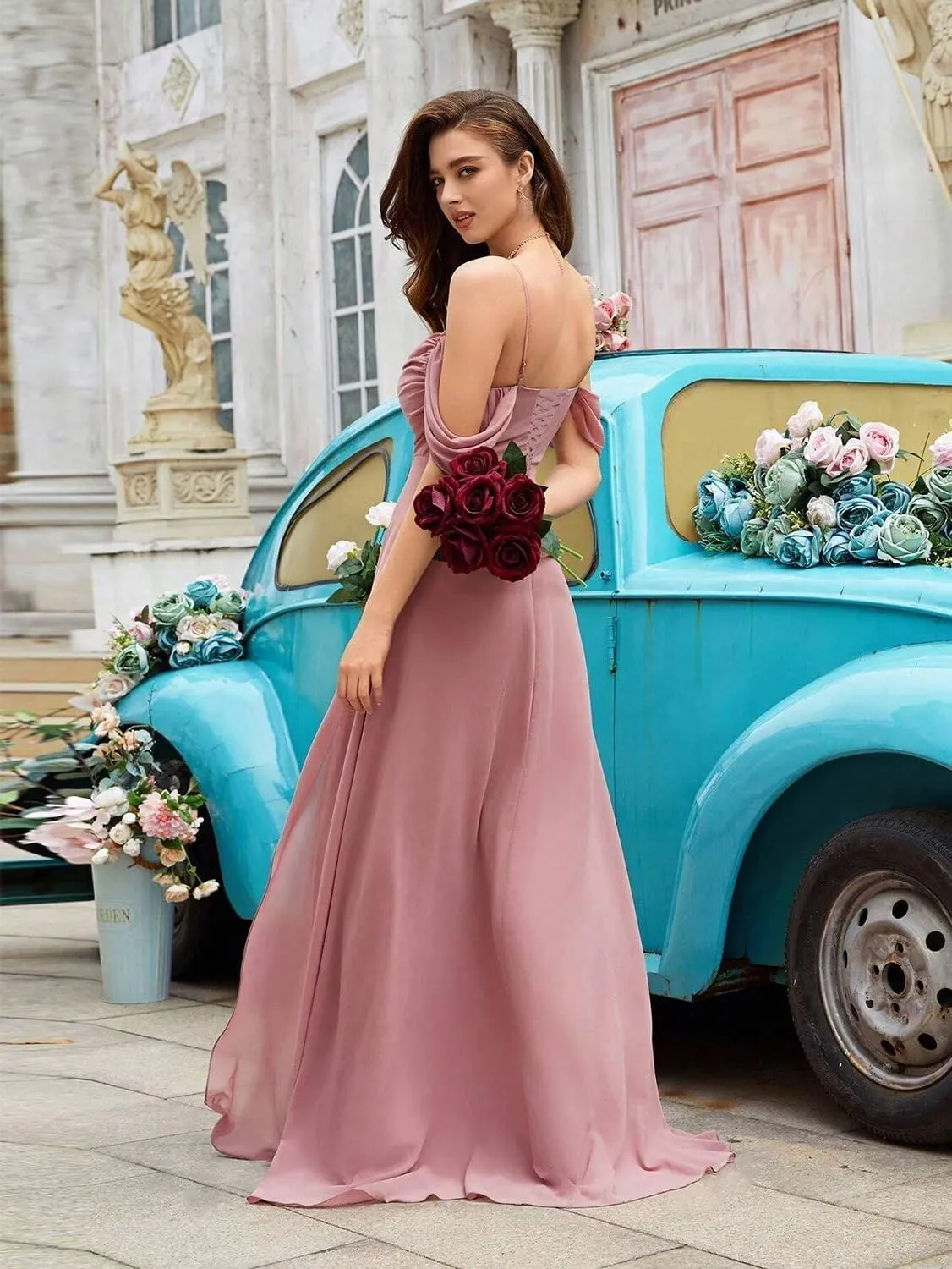 Off The Shoulder Bridesmaid Dresses for Women Pleated Chiffon A Line Formal Evening Gown WY007