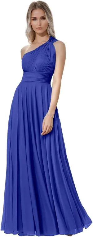 One Shoulder Bridesmaid Dresses for Women Corset A-line Prom Dress Long Chiffon Wedding Guest Dresses with Pockets