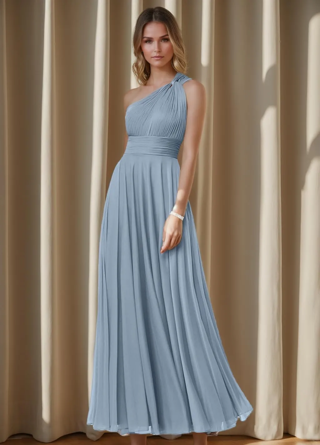 One Shoulder Bridesmaid Dresses for Women Corset A-line Prom Dress Long Chiffon Wedding Guest Dresses with Pockets