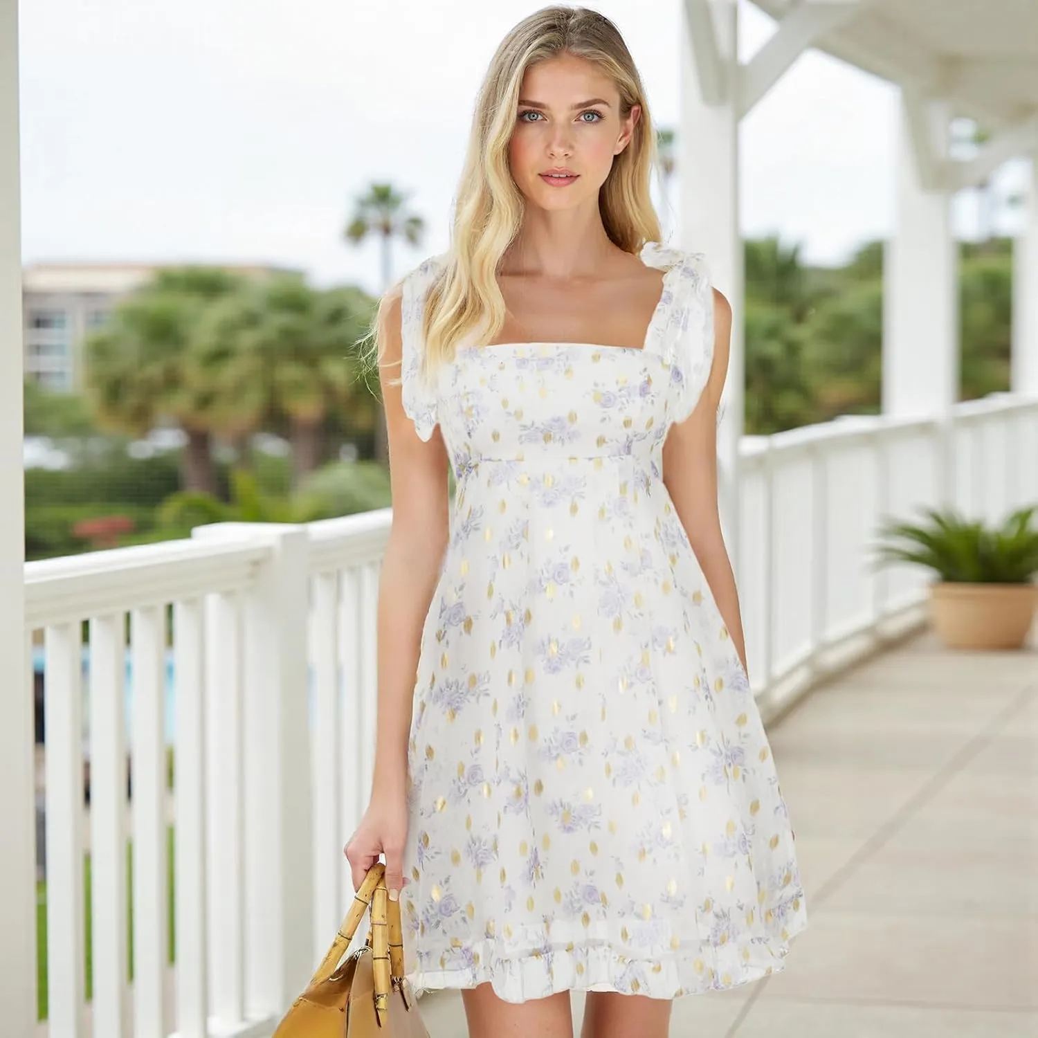 Owl's-Yard Women's Summer Mini Dress Tie Shoulder Ruffle Flowy Babydoll Dress Sleeveless Floral Print Going Out Sundress