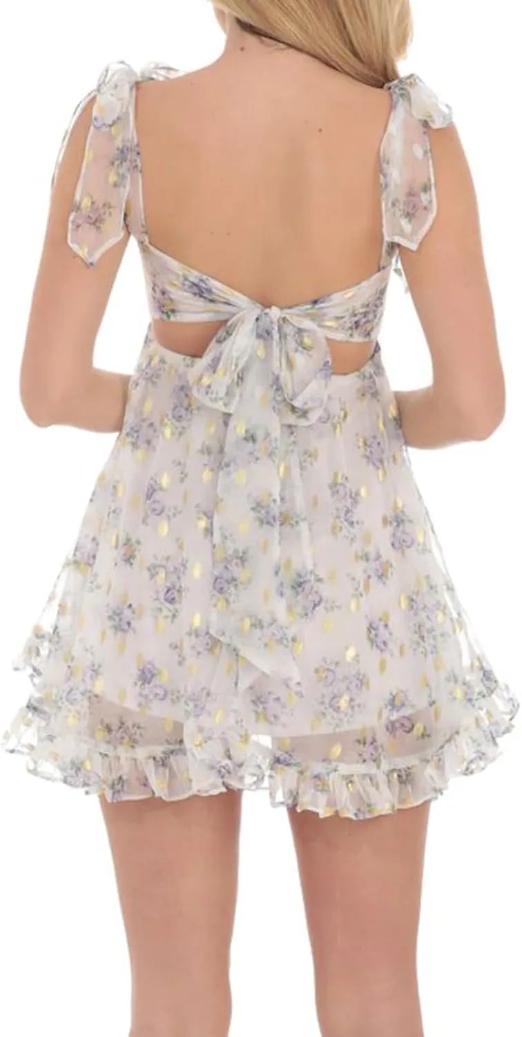 Owl's-Yard Women's Summer Mini Dress Tie Shoulder Ruffle Flowy Babydoll Dress Sleeveless Floral Print Going Out Sundress