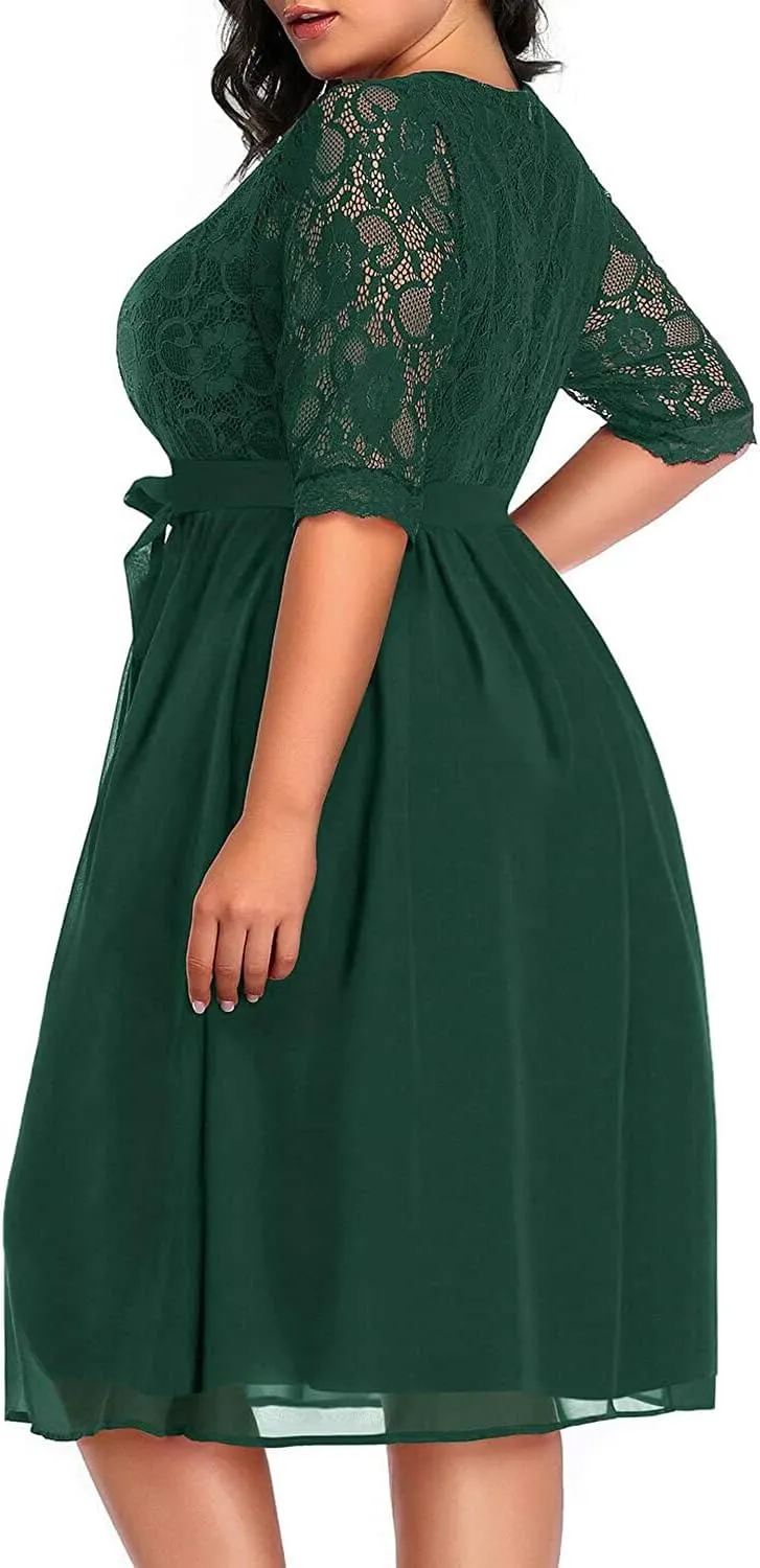 Pinup Fashion Plus Size Lace Chiffon Wrap V Neck Dresses Women Cocktail Wedding Guest Midi Dress