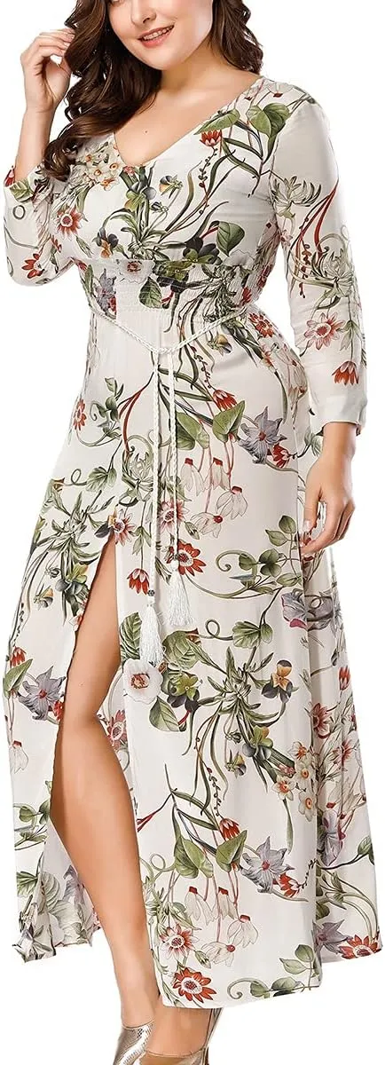Plus Size Boho Dresses For Women Long Sleeve Up Split Floral Print Retro Deep V Neck Bohemian Midi Dresses