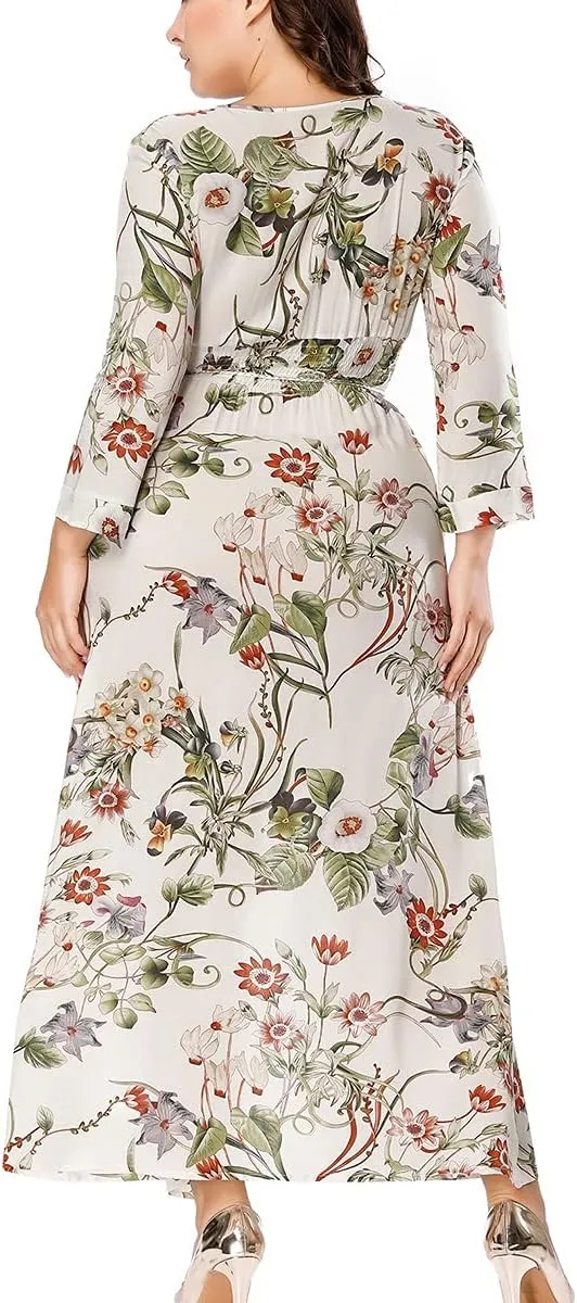 Plus Size Boho Dresses For Women Long Sleeve Up Split Floral Print Retro Deep V Neck Bohemian Midi Dresses