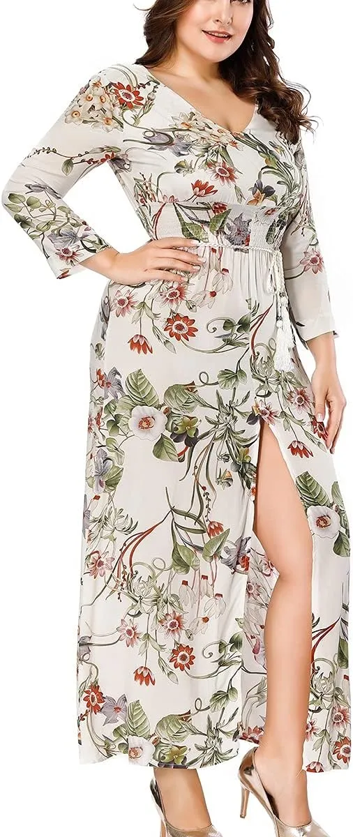 Plus Size Boho Dresses For Women Long Sleeve Up Split Floral Print Retro Deep V Neck Bohemian Midi Dresses