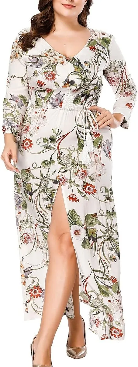 Plus Size Boho Dresses For Women Long Sleeve Up Split Floral Print Retro Deep V Neck Bohemian Midi Dresses