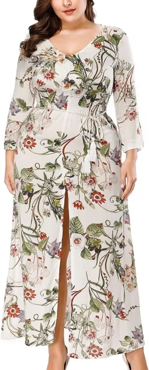 Plus Size Boho Dresses For Women Long Sleeve Up Split Floral Print Retro Deep V Neck Bohemian Midi Dresses