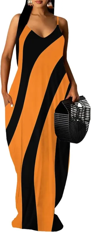 Plus Size Dress for Women 2024 Casual Sleeveless Sundress Loose Spaghetti Strap Long Summer Beach Maxi Dress with Pockets