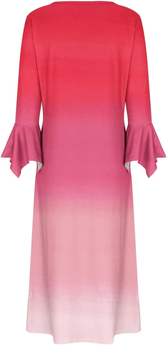 Plus Size Dress for Women 2024 Fashion Long Sleeve Gradient Color Causal Dresses Plus Size Buttons V Neck Fall Dress