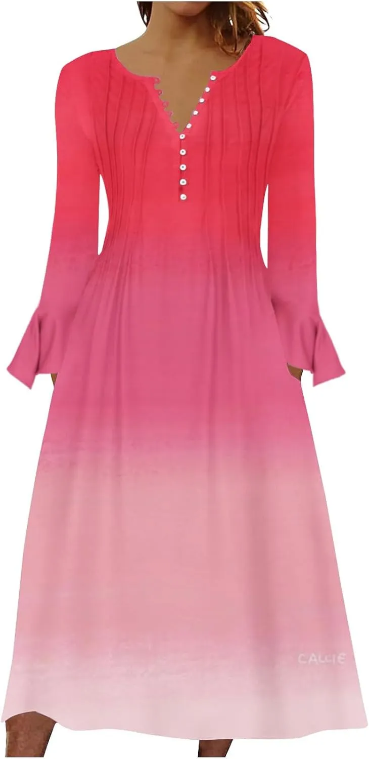 Plus Size Dress for Women 2024 Fashion Long Sleeve Gradient Color Causal Dresses Plus Size Buttons V Neck Fall Dress