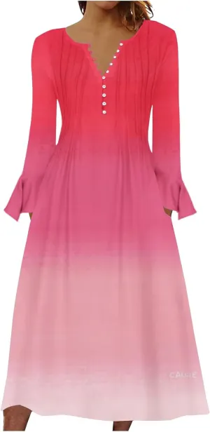 Plus Size Dress for Women 2024 Fashion Long Sleeve Gradient Color Causal Dresses Plus Size Buttons V Neck Fall Dress