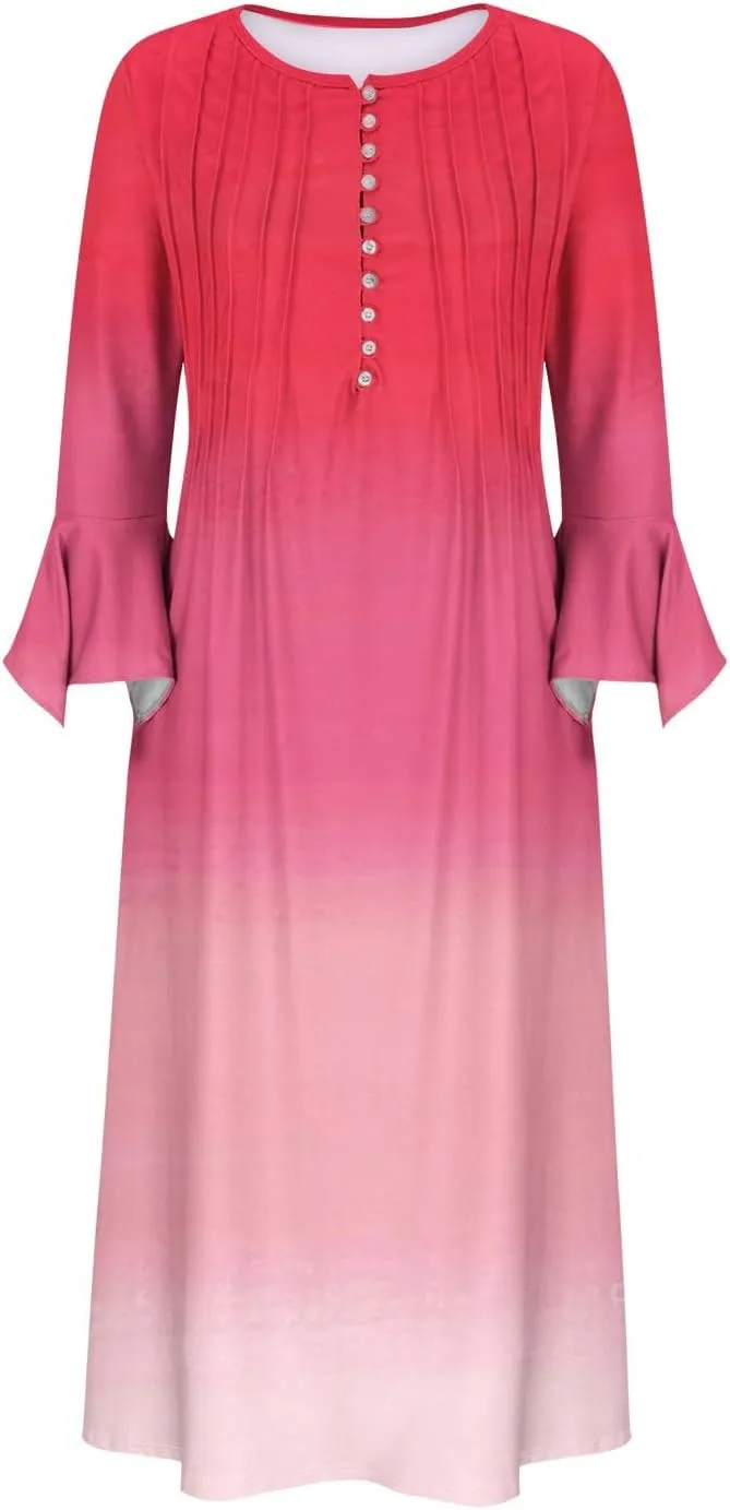 Plus Size Dress for Women 2024 Fashion Long Sleeve Gradient Color Causal Dresses Plus Size Buttons V Neck Fall Dress