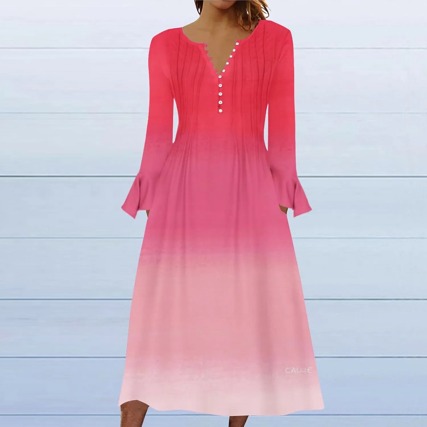 Plus Size Dress for Women 2024 Fashion Long Sleeve Gradient Color Causal Dresses Plus Size Buttons V Neck Fall Dress