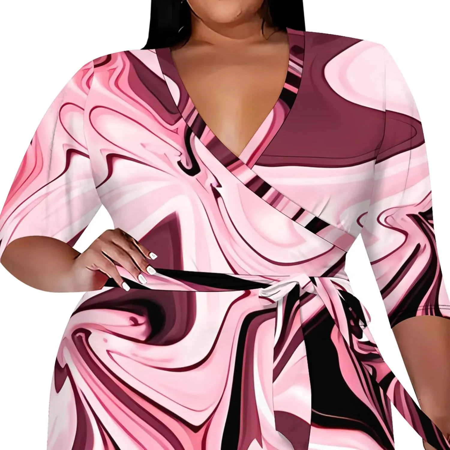 Plus Size Dress for Women Flowy 3/4 Sleeve V Neck Printing Midi Dresses Sexy Wrap Cocktail Party Dress Empire Waist with Belt
